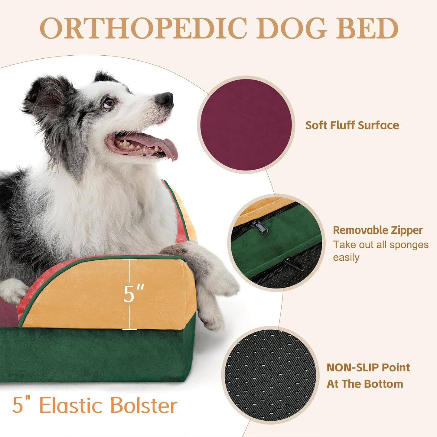Comfort Expression Orthopedic Dog Bed for Extra Large Dogs 42x30 Inch, Waterproof Egg Crate Foam XL Pet Bed with Removable Bolsters, Dog Couch with Washable Cover & Non-Slip Bottom, Grey - Colors B