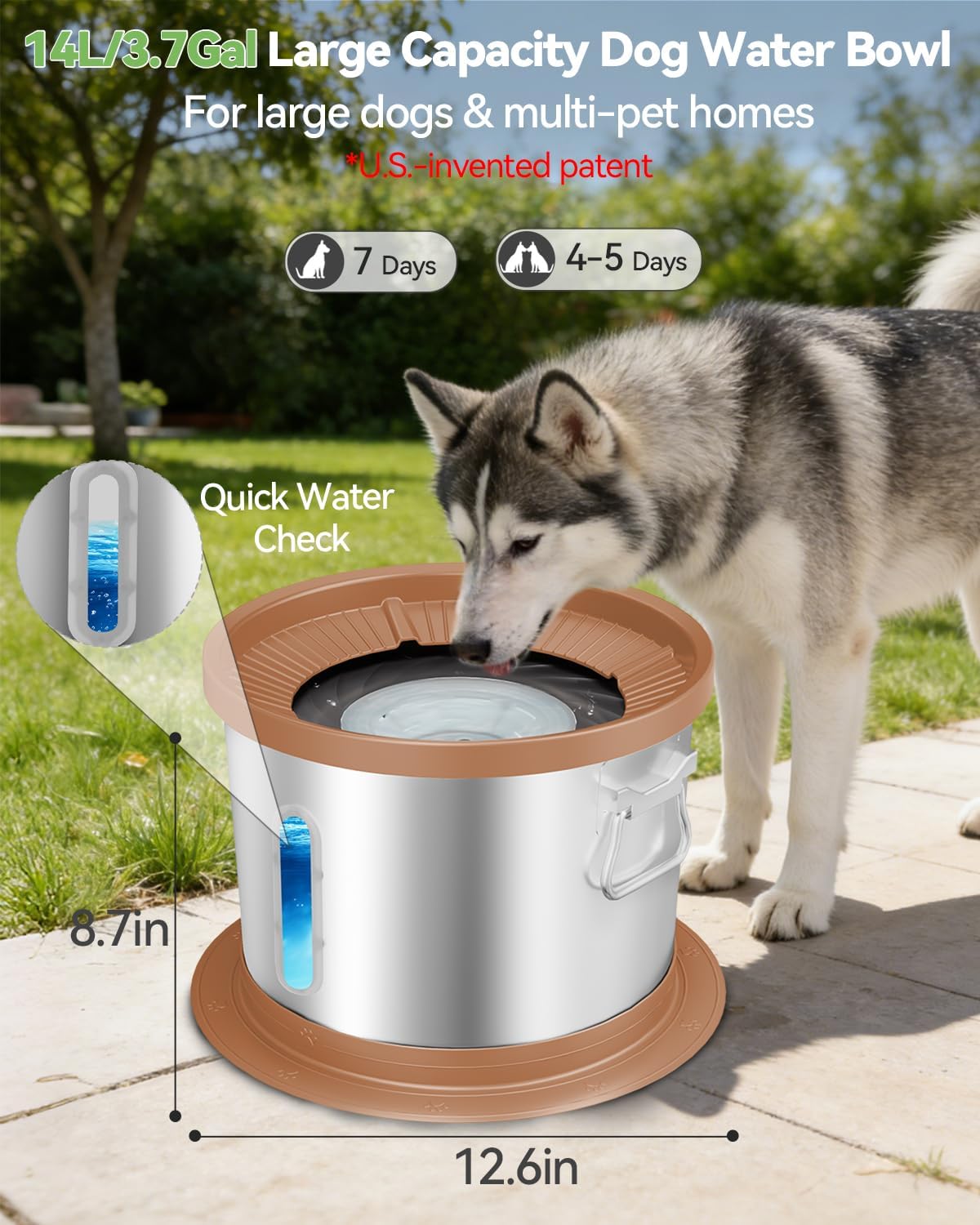 UPSKY 14L No Spill Dog Water Bowl, Stainless Steel Spill Proof Dog Bowl with Water Window, Dual-Suction Anti-Slip Large Capacity Slow Drinking Bowl with Floating Disk for Large Dogs & Messy Drinkers