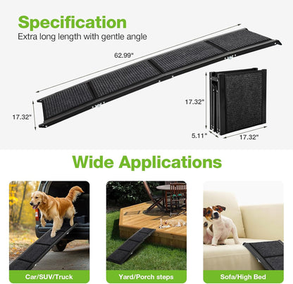 FAHKNS Dog Ramp for Car, 71" x 17" Extra Long Wide Folding Pet Ramp, Non-Slip Rug Surface, Aluminum, Black, Up to 300 LBS