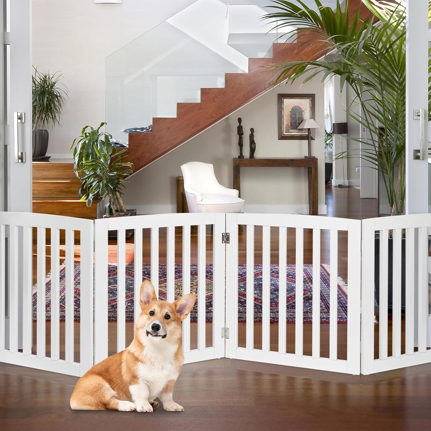 Freestanding Dog Door Indoor Folding Puppy Gate for Doorways Stairs 4-Panel Wood Pet Safe Barrier Fence for Hallways, Gray