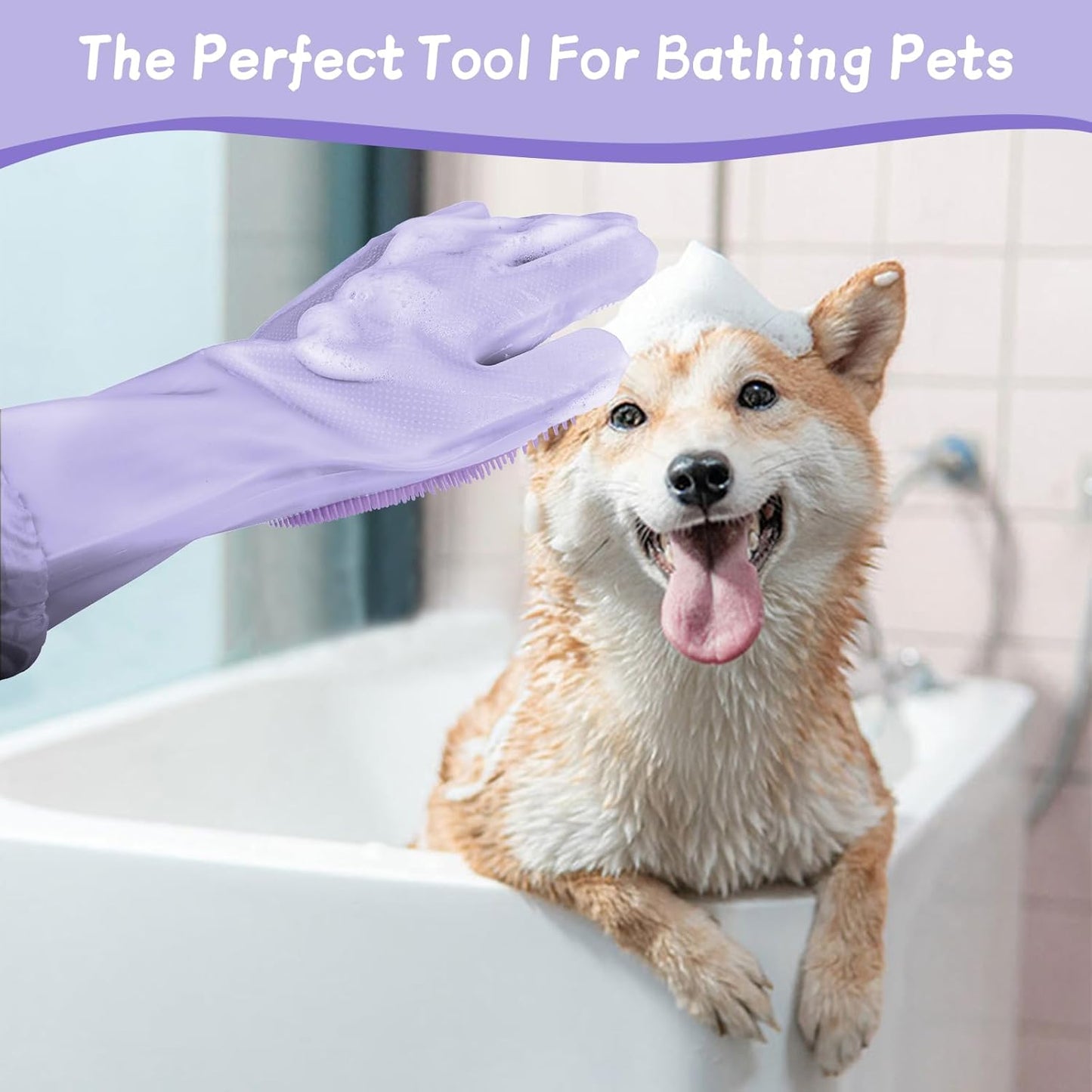 Dog Washing Gloves- Long Sleeved Pet Grooming Gloves - Heat Resistant Silicone Gloves with High-Density Teeth - Efficient Deshedding Glove for Dogs, Cats, Rabbits and Horses