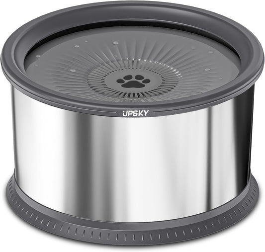UPSKY 2.5L Dog Water Bowl, No Spill Dog Water Bowl, Stainless Steel Spill Proof Slow Water Feeder,No Splash Water Bowl with Anti-Slip Mat for Messy Drinkers Grey, D.2.5L