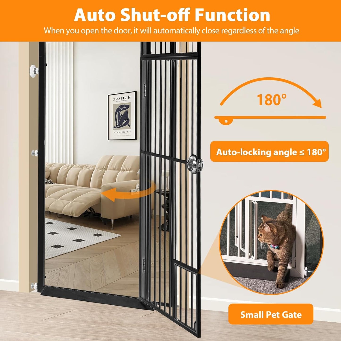 71" Extra Tall Pet Gate with Cat Door, Walk Through Pet Gate Pressure Mounted No Drilling, 28.7"-37.5" Wide, Auto Close Metal Safety Barrier for Stairs Hallway House, White