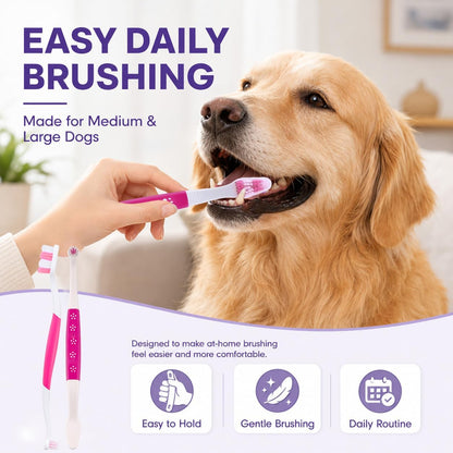 Dog Toothbrush – Newly Upgraded Dual-Head Design with 60° Wavy Bristles – Gently Surrounds Teeth for Deep Cleaning and Plaque Removal – Non-Slip Handle, Ideal for Daily Pet Dental Care (Pink, 1-Pack)