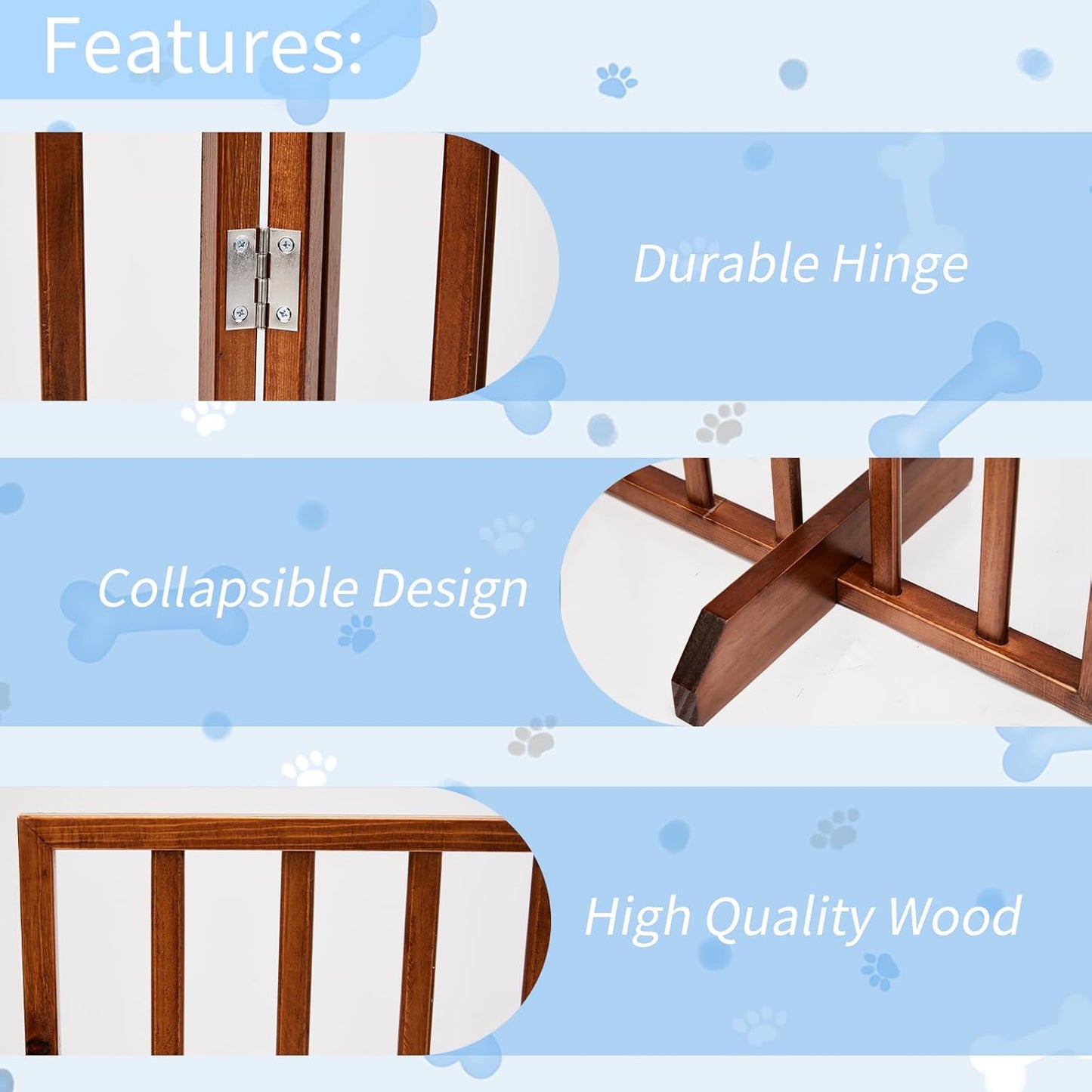 4 Panels Wooden Dogs Fence,Free Standing Pet Gate for Dog Cat,Wooden Indoor Foldable Dog Gate,Wide Pet Puppy Safety Fence,with Support Feet,for Hallways, Stairs, Doorways, Halls, Kitchen (Brown)
