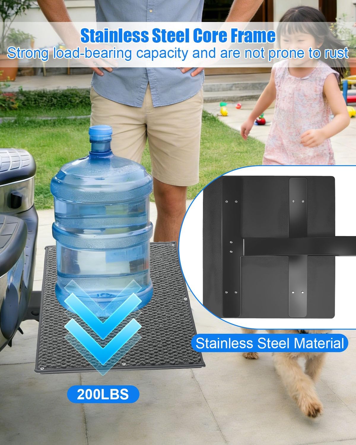 Pet Ramp Steps for Dogs Get in & Out of Car, Portable Dog Ramp for 2 Inch Trailer Hitch, Stainless Steel with Anti-Slip Pad for Medium Large & Senior Pets, Supports 200lbs for SUVs Trucks & Vans