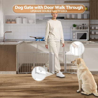 SNUOWU Full Metal Freestanding Dog Gate with Door, 32''Height Foldable Pet Dog Fence for Indoor & Outdoor, 4 Panels Extra Wide Free Standing TallDog Gates for Doorways,House,Stairs,Porch,Deck,Yard