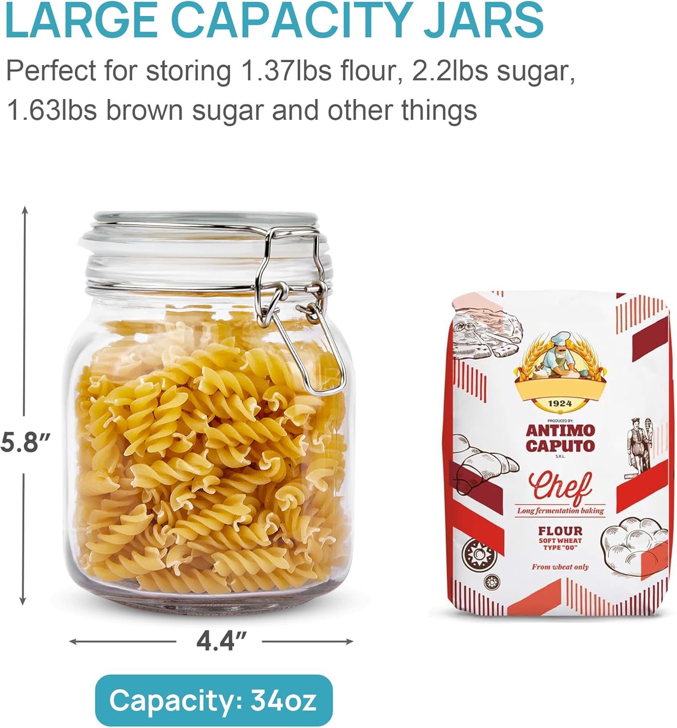 Vtopmart 78oz Glass Food Storage Jars with Airtight Clamp Lids, 3 Pack Large Kitchen Canisters for Flour, Cereal, Coffee, Pasta and Canning, Square Mason Jar with 8 Chalkboard Labels