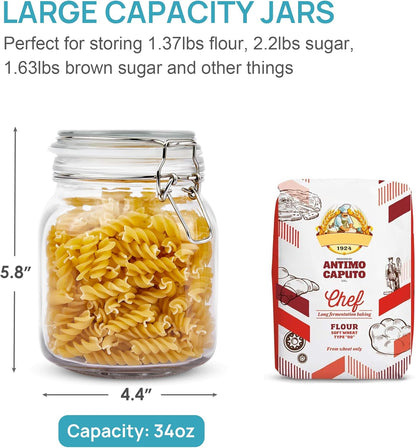Vtopmart 78oz Glass Food Storage Jars with Airtight Clamp Lids, 3 Pack Large Kitchen Canisters for Flour, Cereal, Coffee, Pasta and Canning, Square Mason Jar with 8 Chalkboard Labels