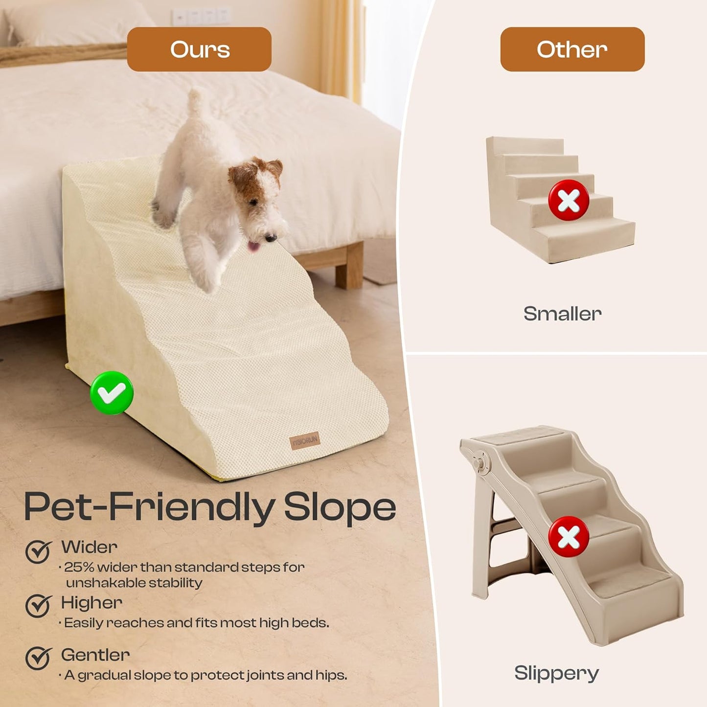 Extra Wide Dog Stairs for Large Dogs Up to 80lbs, 25" Pet Steps for High Bed with Washable Cover, 5-Step Foam Bed & Couch Ladder for Small Medium Dogs & Senior Cat, Gray