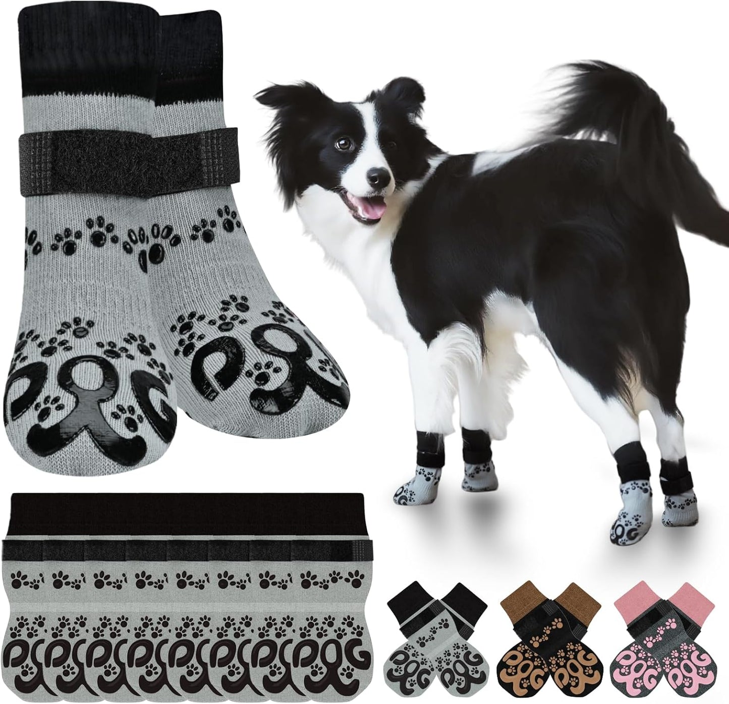 Anti Slip Dog Socks to Prevent Licking Paws - Double Side Paw Covers Dogs Grip Sock for Hardwood Floors, No Twist Dog Booties Grippy Socks for Small Medium Large Senior Dogs, Light Grey and Black, L