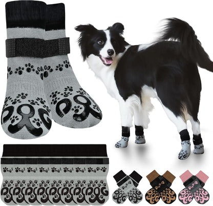 Anti Slip Dog Socks to Prevent Licking Paws - Double Side Paw Covers Dogs Grip Sock for Hardwood Floors, No Twist Dog Booties Grippy Socks for Small Medium Large Senior Dogs, Light Grey and Black, L