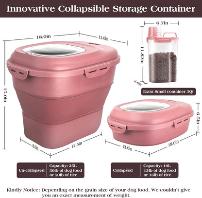 TIOVERY Dog Food Storage Container, Airtight Collapsible 13lb to 30lb Pet Food Container with Flip Top, Rolling Wheel, Scoop and a small container for Dog Cat Food and Dry Food of Rice, Flour