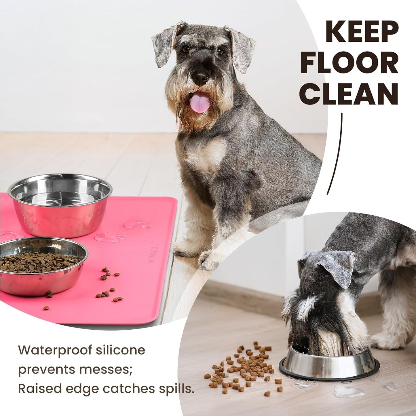 VIVAGLORY Dog Food Mat Flexmat Dog Bowl Mat, Placemat Food Tray with Raised Edges & Lip for Indoor Floor, Non Slip Waterproof Silicone Dish Placemat for Cat & Pet, S, Grey