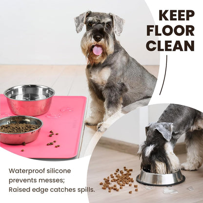 VIVAGLORY Dog Food Mat Flexmat Dog Bowl Mat, Placemat Food Tray with Raised Edges & Lip for Indoor Floor, Non Slip Waterproof Silicone Dish Placemat for Cat & Pet, S, Grey