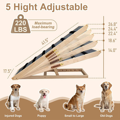 Dog Ramp for Bed, for Couch, 47.24" Long Wooden Pet Ramp for Small & Large Dogs to Get on Bed Couch Car Up to 200LBS, 4 Adjustable Heights (13.7"-24.6"), Foldable Dog Bed Ramp with Anti-Slip Surface