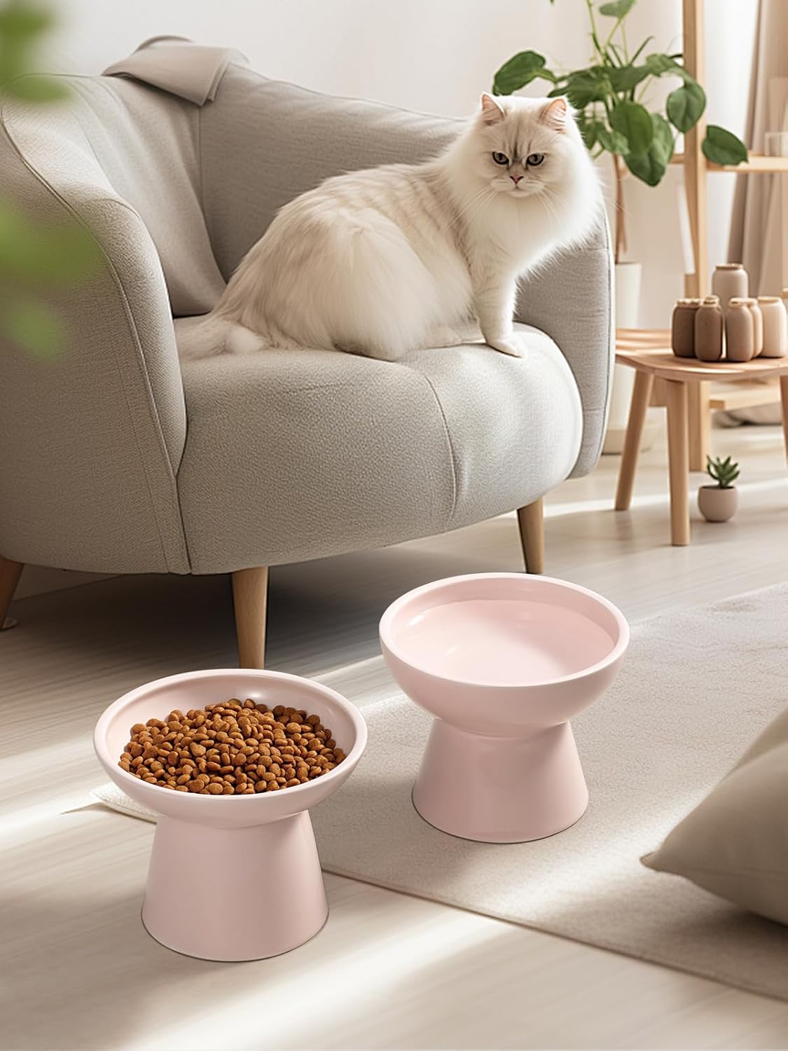 LoeJan Elevated Cat Food and Water Bowls Set, Extra Wide and Raised Ceramic Bowls, Anti-Vomit Whisker-Free Pressure Cat Feeder for Kittens to Adult Cats and Small Dogs (White, Water Bowl)