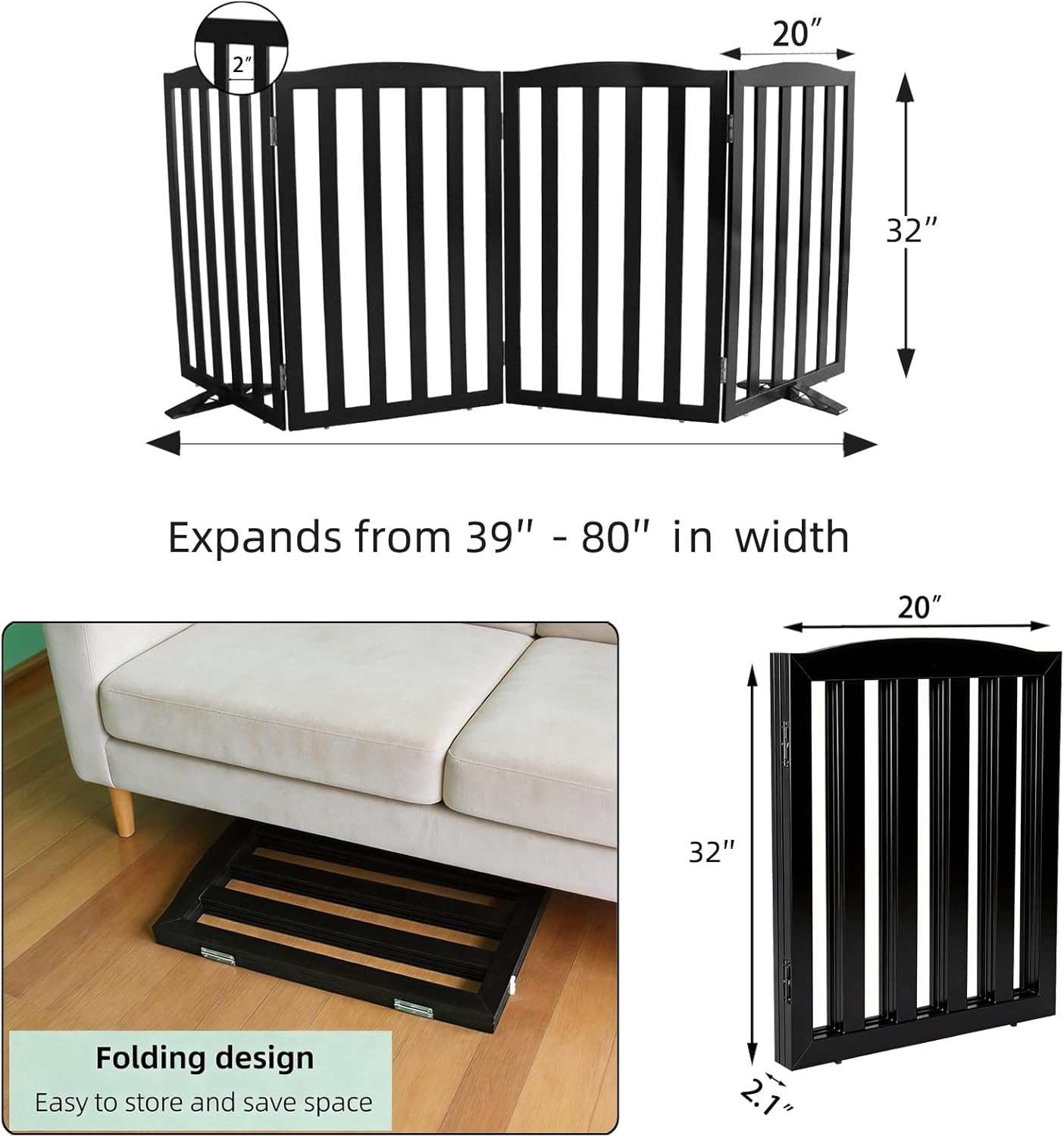 Freestanding Dog Gate Indoor,Doggie Gate Foldable Dog Gates for Doorways,Stairs or Hallways, Wooden White Pet Gate for the House, Pet Fence with Support Feet Included,24 "Height-4 Panels
