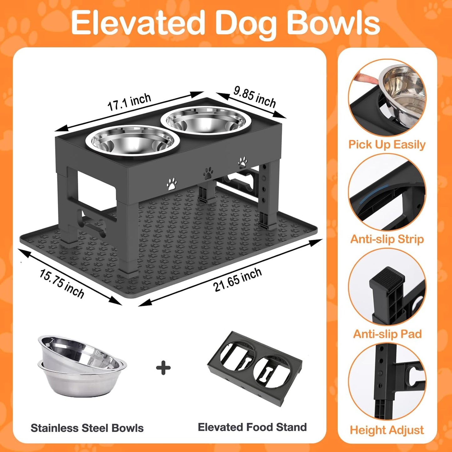Elevated Dog Bowls with 2 Stainless Steel Bowls, 5-Height Adjustable Stand (3.1", 9" to 12"), for Improved Digestion & Neck Support, Easy Clean, Non-Slip Base Raised Feeder for Medium Large Dogs