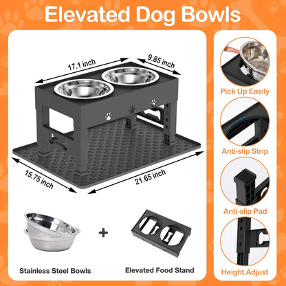 Elevated Dog Bowls with 2 Stainless Steel Bowls, 5-Height Adjustable Stand (3.1", 9" to 12"), for Improved Digestion & Neck Support, Easy Clean, Non-Slip Base Raised Feeder for Medium Large Dogs