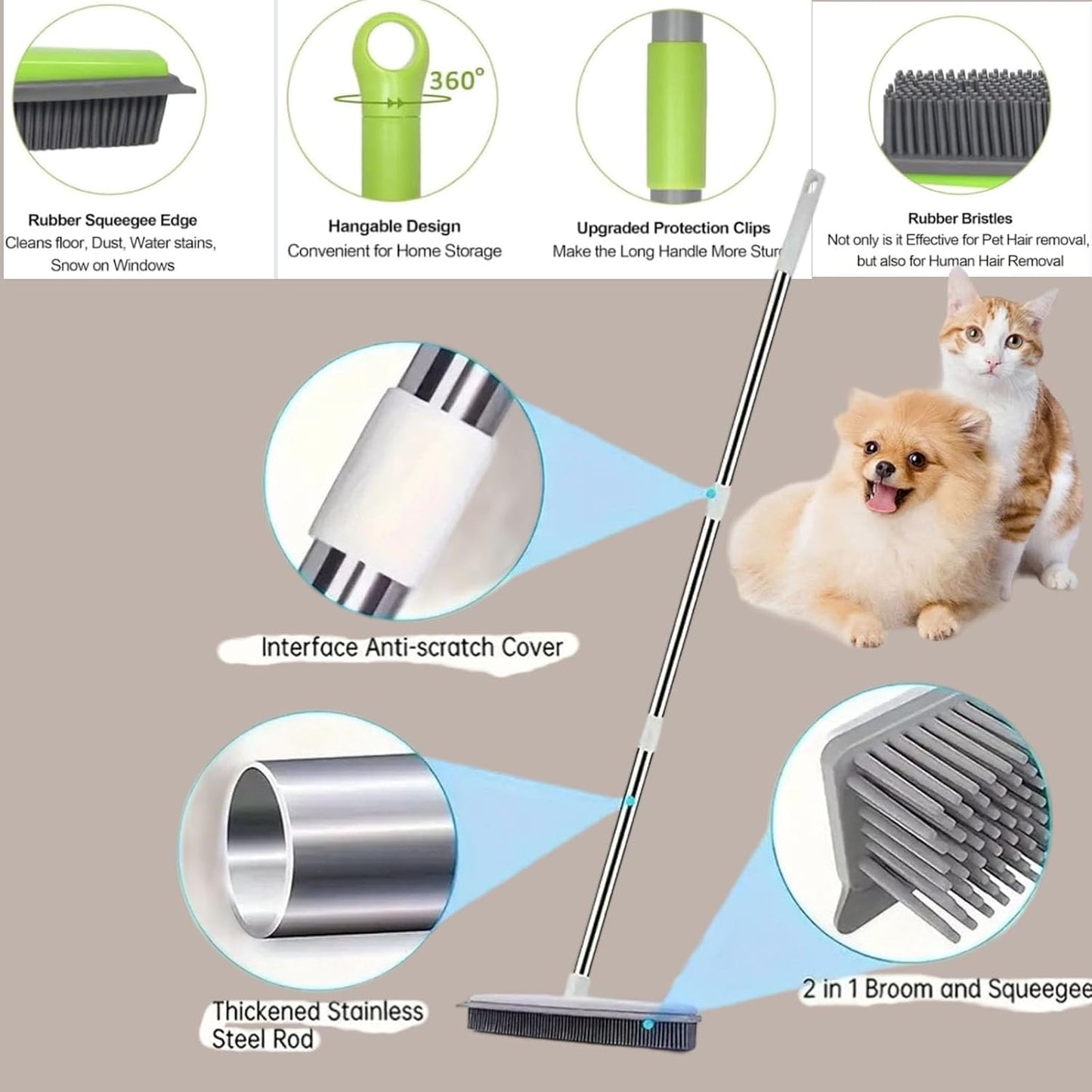 Pet Hair Rubber Broom, Rubber Broom for Pet Hair On Carpet, Pets Hairs Removal Broom with 49" Adjustable Handle, Soft Push Broom with Squeegee for Carpet, Hardwood Floor, Tile (E)