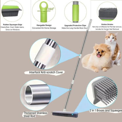 Pet Hair Rubber Broom, Rubber Broom for Pet Hair On Carpet, Pets Hairs Removal Broom with 49" Adjustable Handle, Soft Push Broom with Squeegee for Carpet, Hardwood Floor, Tile (E)