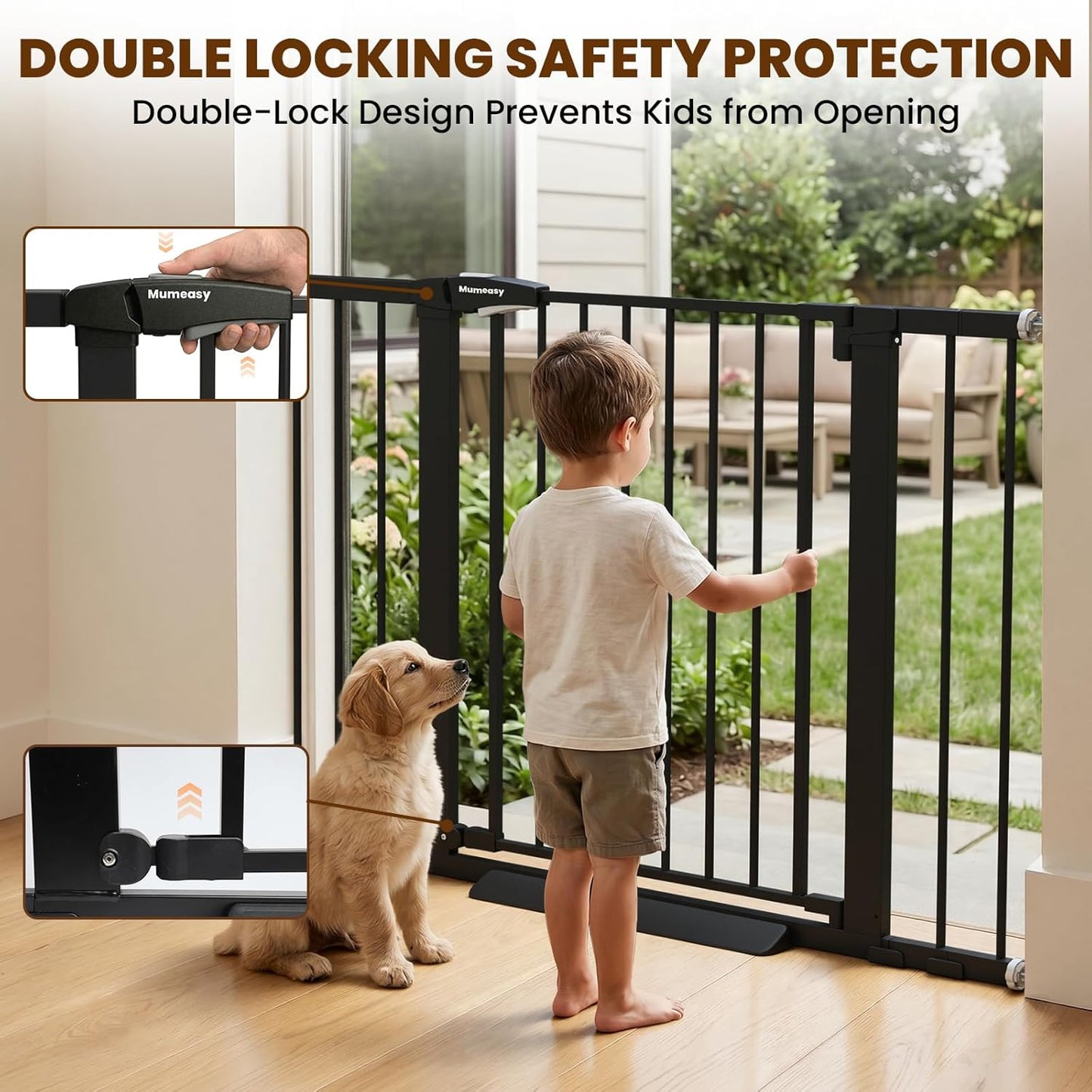 Mumeasy 29.7-46" Baby Gate for Stairs, Pressure Mounted Dog Gate for Doorways, Auto Close Walk Through Pet Gate Indoor, Extra Wide Metal Child Safety Gate, Mom's Choice Awards Winner, Black