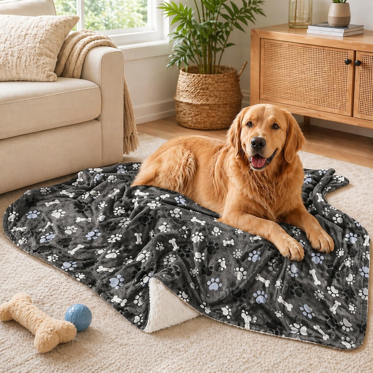Waterproof Dog Blanket, Pattern Printing Super Soft Warm Fluffy Facecloth Sofa Car Bed Protector, Urine Proof Washable Outdoor Pet Blanket for Puppy Large Dogs & Cats(paw & Bone80*60)