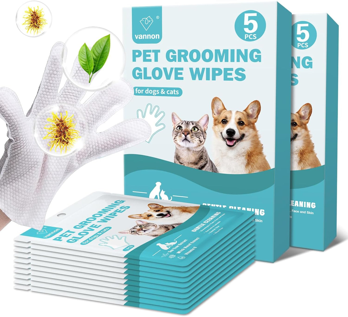 Vannon Extra Thick Pet Bathing Wipes for Dogs & Cats, Cleaning & Odor-Controlling Grooming Gloves, Nourish Fur Glove Wipes for Daily Care and Traveling, Rinse Free, Unscented, 6 PCS