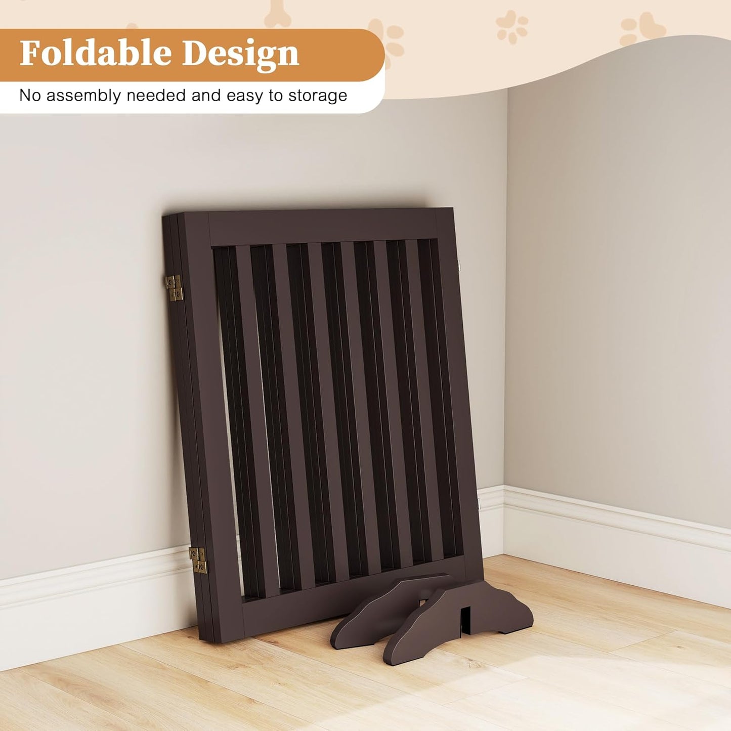 PUPETPO 24”H Freestanding Wooden Pet Gate, Dog Gate for Stairs, Doorways, and Hallways, Step Over Foldable Pet Fence for Indoor Use, Support Feet Included, 60 inch Wide 3 Panels, Grey