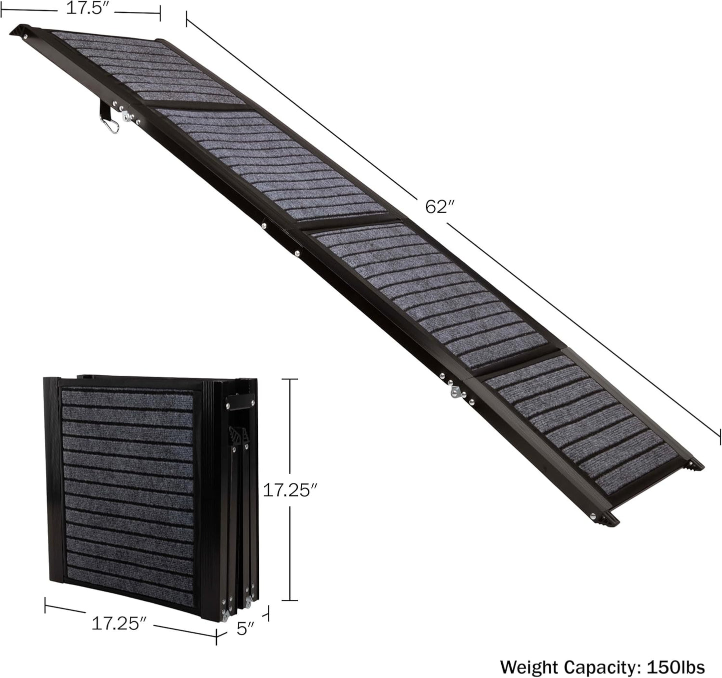 Dog Ramp - 62” x 17.5” Folding Dog Ramp for Car, Truck, SUV, or RV - Portable Ramps for Large Pets with Non-Slip Rug Surface - Pet Travel Accessories by PETMAKER (Black)