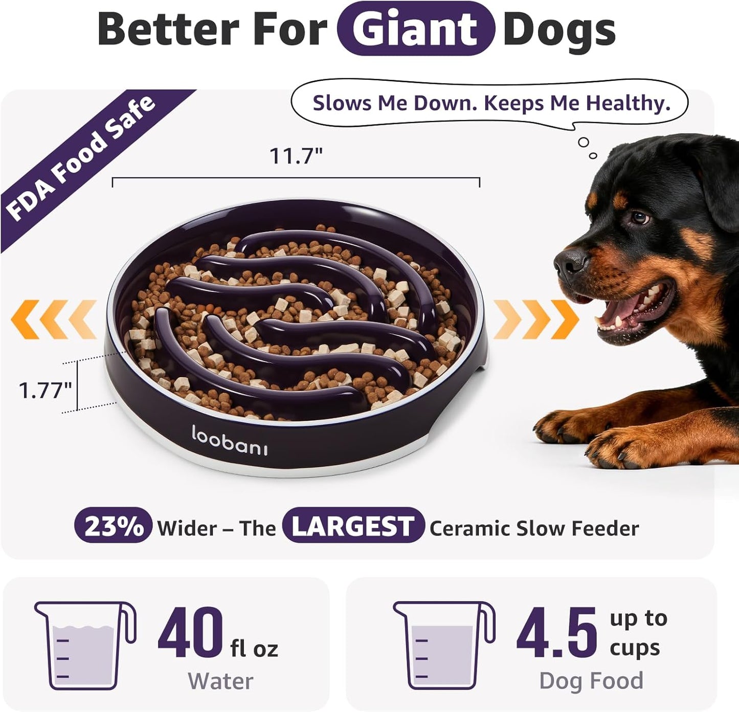 LOOBANI Slow Feeder Dog Bowls - 3.5 Cups Ceramic Slow Feeder Dog Bowls for Large Dogs, Slow Feeding Easy-Grip Handles, Perfect for Fast Eaters Goldens, Labradors & Huskies (L, Purple)
