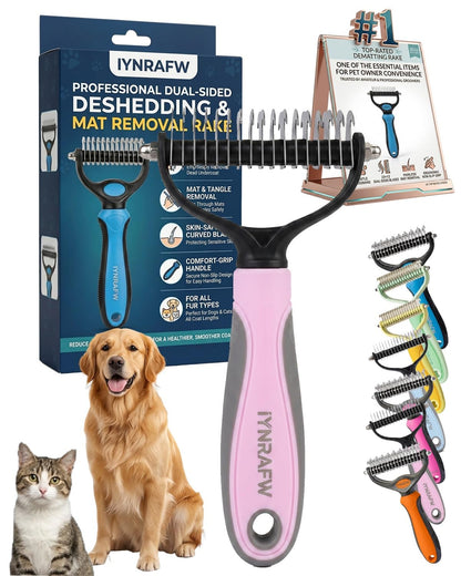 Pet Pro Grooming Tool Dual Tooth Pet Grooming Comb Undercoat Rake for Dogs Cats Long Hair Deshedding Tool Dematting Brush Double Sided Stainless Steel Teeth Remover Mats Tangles Loose Fur