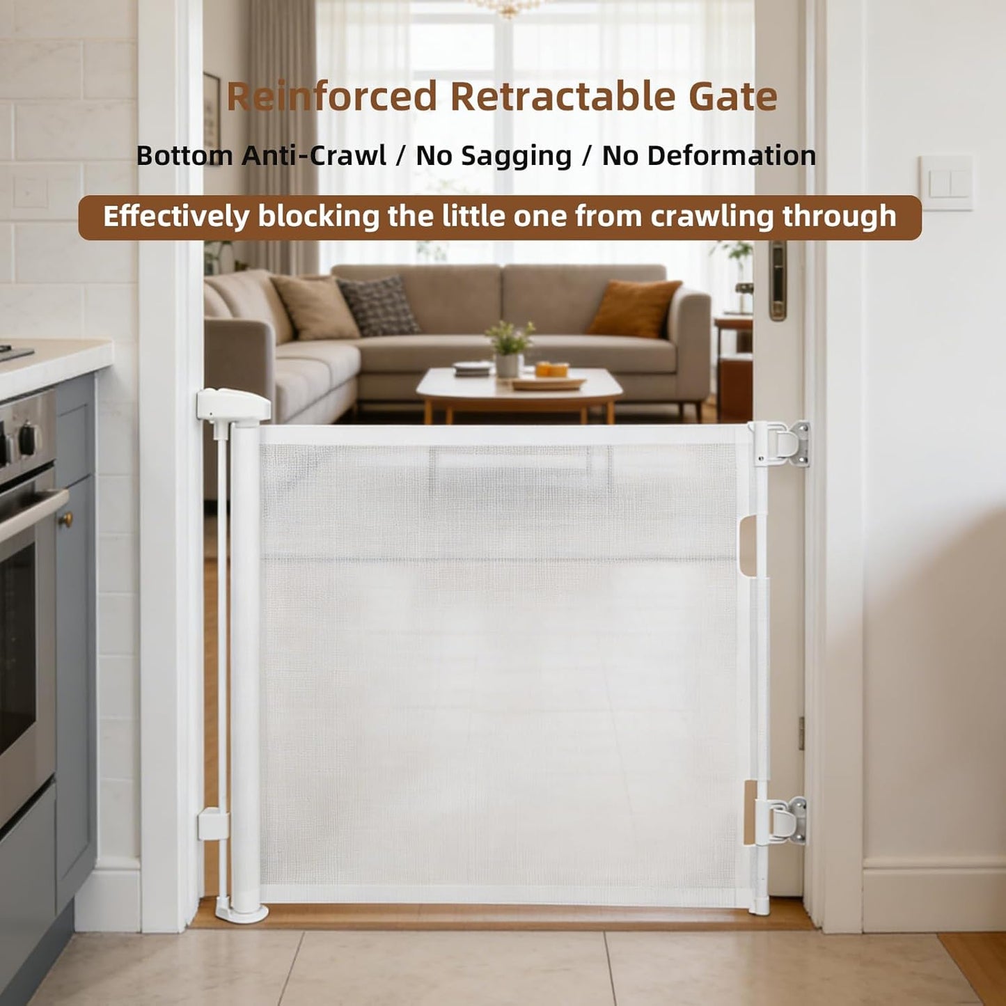 Retractable Baby Gate, 55 in Wide x 33 in Tall Mesh Dog Gate, Hardware Mounted Safety Gate with Double Lock for Doorways, Hallways, Indoor Outdoor, White