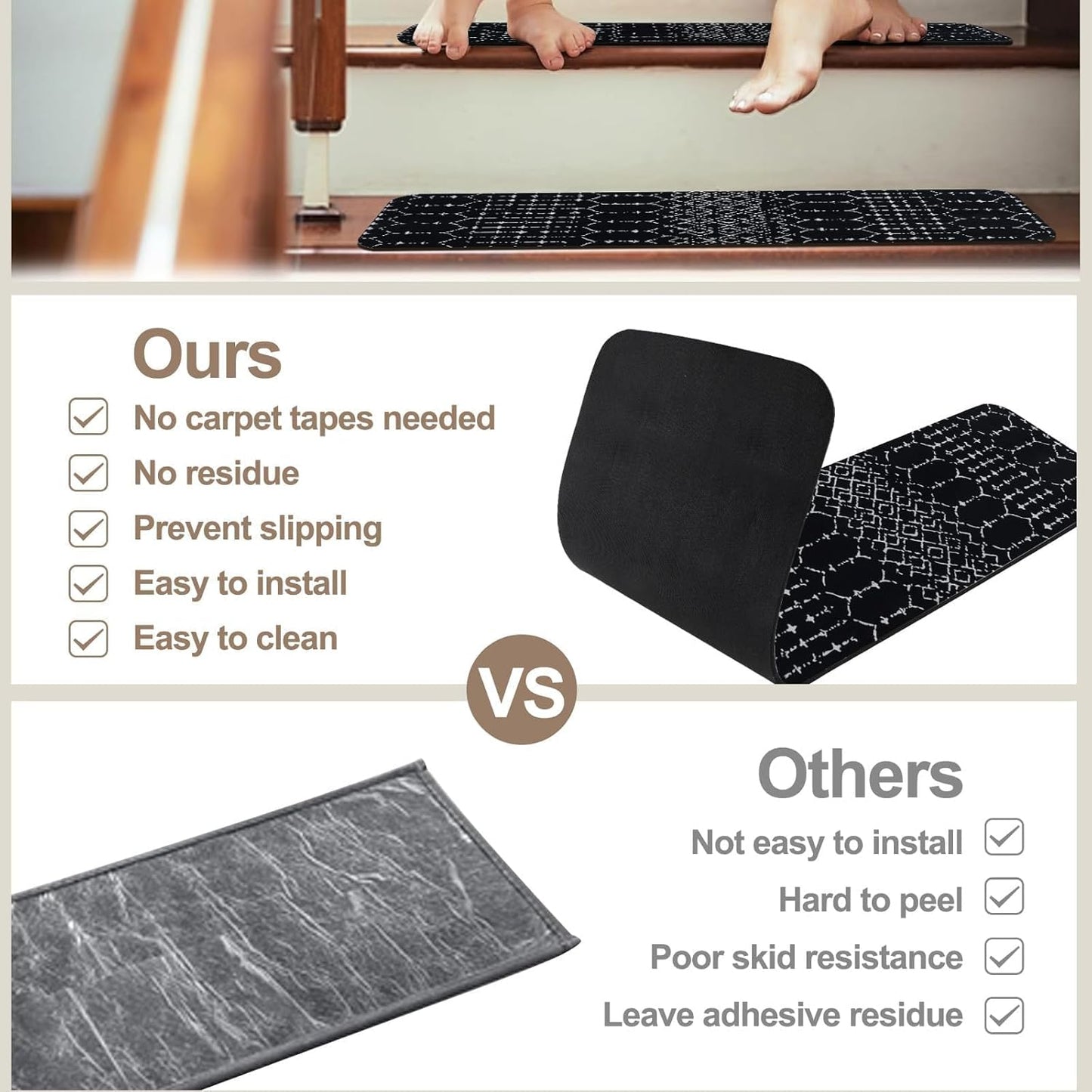 OJIA Boho Stair Treads Non-Slip Stair Runners for Wooden Steps Indoor 15PCS 30"x8" Washable Carpet Stair Treads Stair Mats Staircase Step Treads for Kids, Elders and Dogs, Stair Covers, Black