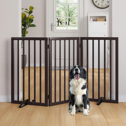 Freestanding Dog Gates Indoor, 3-Panel Pet Gates with 2 Metal Stands and 360° Hinge, 24" H Foldable Dog Gate for Stairs, Doorway, Kitchen, Expands Up to 55" Fully Assembled - Black Walnut