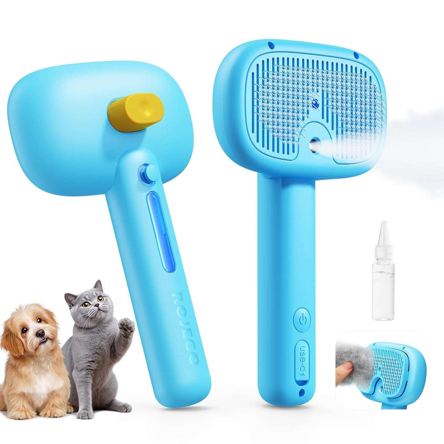 ROJECO 3-in-1 Pet Steam Brush for Cats&Dogs - Detangling Comb with Adjustable Mist, Handheld Deshedding Grooming Tool for Long/Short Hair, Massage Brush & Shedding Control Gift,Cordless,Pink