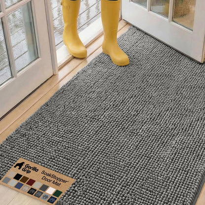 GORILLA GRIP SoakSTOPPER Dog Door Mat, 30x20 Machine Washable Rug Absorbent Doormat Captures Moisture Mud Dirt, Quick Dry Soft Chenille Entryway Rugs Indoor Entrance Mats for Dog Paws, Paw Grey