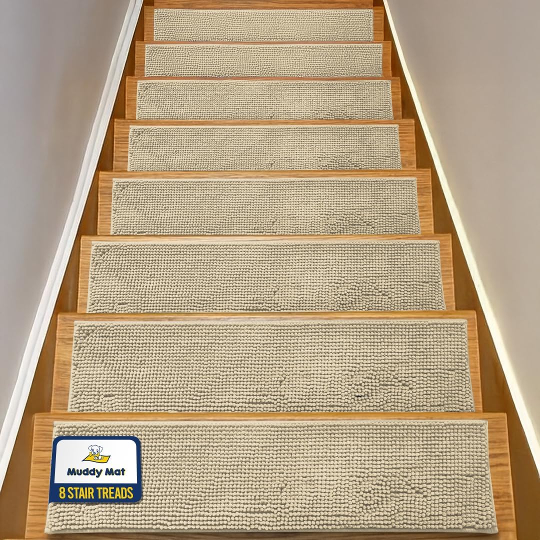 Muddy Mat® Pack of 4 - Soft Chenille Stair Treads Non-Slip Reusable, Super Absorbent Stair Treads for Wooden Steps, Tile & Marble Floor, Easy to Install & Machine Washable - Grey 30'' x 7''