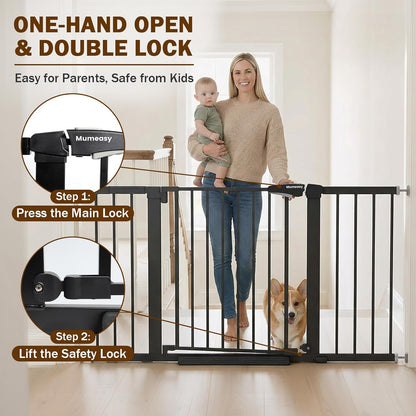 Mumeasy Baby Gate Extra Wide, 29.7-51'' Pressure Mounted Dog Gate with Walk Thru Door, Auto Close Pet Gate for House, Stairs, Doorways,Black
