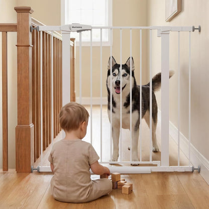 Mumeasy 29.7-46" Baby Gate for Stairs, Pressure Mounted Dog Gate for Doorways, Auto Close Walk Through Pet Gate Indoor, Extra Wide Metal Child Safety Gate, Mom's Choice Awards Winner, Black