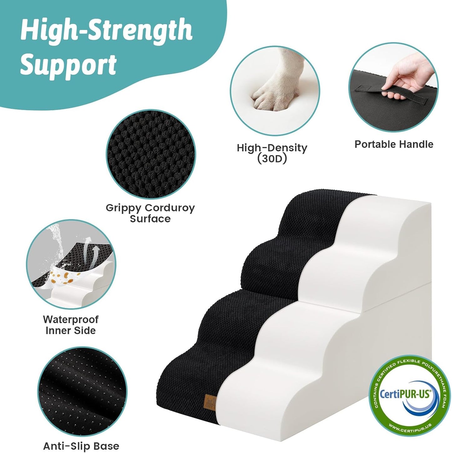COZY KISS Extra Wide Dog Stairs with Tunnel, Foam Detachable Large Dog Step for Small Pet, Puppy or Cats, Medium Pet Ramp for High Bed, Couch, Sofa or Car, 19.7x33x22.4 inch, 5 Step, Beige