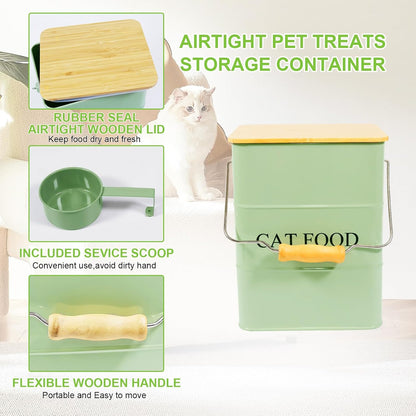 Dog Food storage container Dog Treats Jar,5~6 lb Metal food treats tin for Dog, pet snacks Canisters with wooden lid/handle/sevice scoop-Green