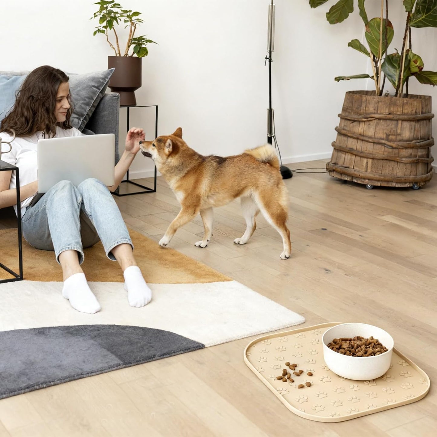 Pet Feeding Mat, Waterproof Anti-Slip Placemats for Dog Cat Bowl Silicone Pet Food Mat, Raised Edge Prevent Spills on Floor & Carpet, Dishwasher Safe (Beige, 11" x 11")