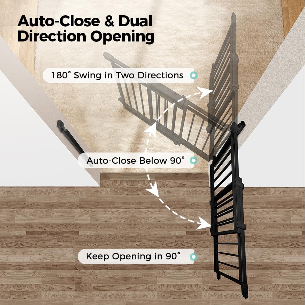 COMOMY 27.5-43" Baby Gate No Bottom Bar for Stairs and Doorways, 2-in-1 Auto Close Dog Gate Indoor for the House, Hardware Mounted Pet Gate with Large Walk Thru Door, Child Safety Gate for Dogs, Black