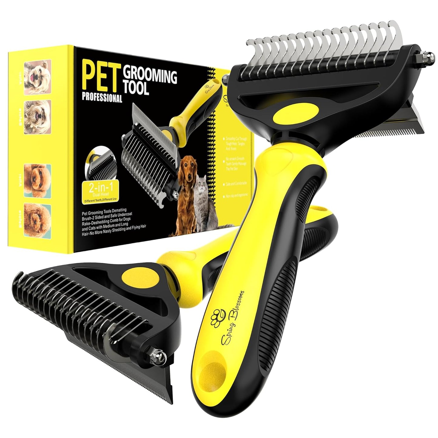 Spring Blossoms-2 in 1 Professional Grooming Rake for Cats & Dogs-Dematting Comb for Easy Mats & Tangles Removing,Pet Brush Safe No More Nasty Shedding and Flying Hair (Orange)