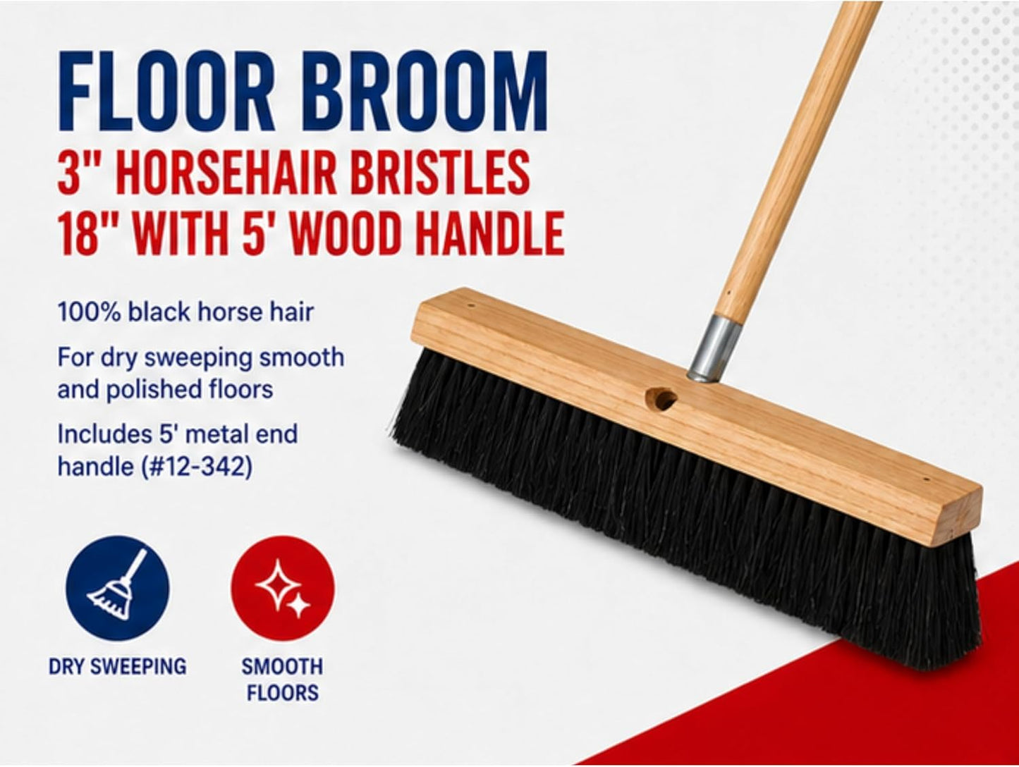 Bon Floor Broom 18 in. with 3 in. Black Horsehair Bristles and 5 ft. Wood Handle for Dry Sweeping Smooth Floors