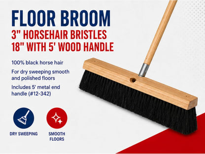 Bon Floor Broom 18 in. with 3 in. Black Horsehair Bristles and 5 ft. Wood Handle for Dry Sweeping Smooth Floors