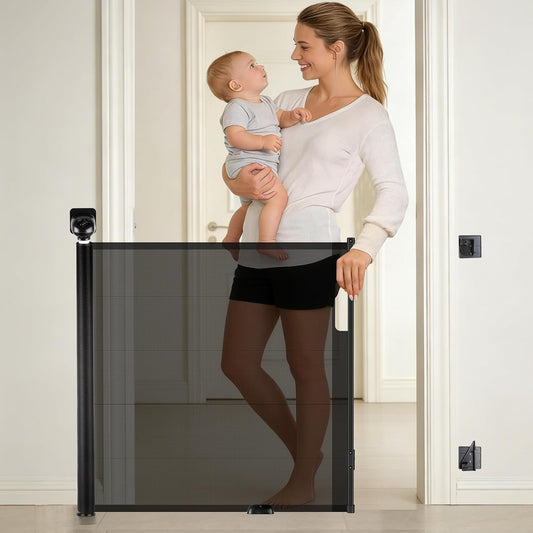 Retractable Baby Safety Gate, 33.8" Tall Extends to 55" Wide, Dual Lock, Adjustable Mounting, Extendable Pet Gate for Hallways, Stairs, Indoor & Outdoor（Black）
