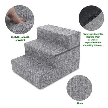 Best Pet Supplies Non-Slip Foam Dog Stair & Pet Ramp, Balanced Indoor Step Support - Foldable Stair, Ash Gray Linen,3-Step